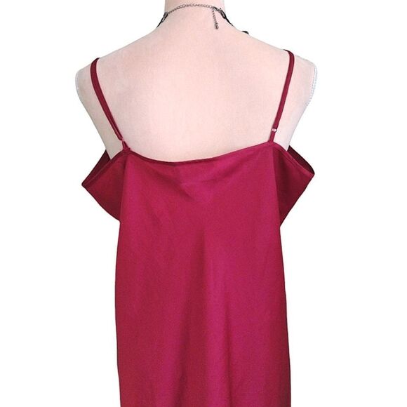 VTG 90s Red Satin White Lace Trim Long Slitted Lingerie Slip Dress Large - Picture 10 of 16